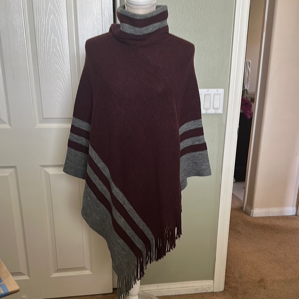Women's Burgundy and Gray Turtleneck Sweater Poncho